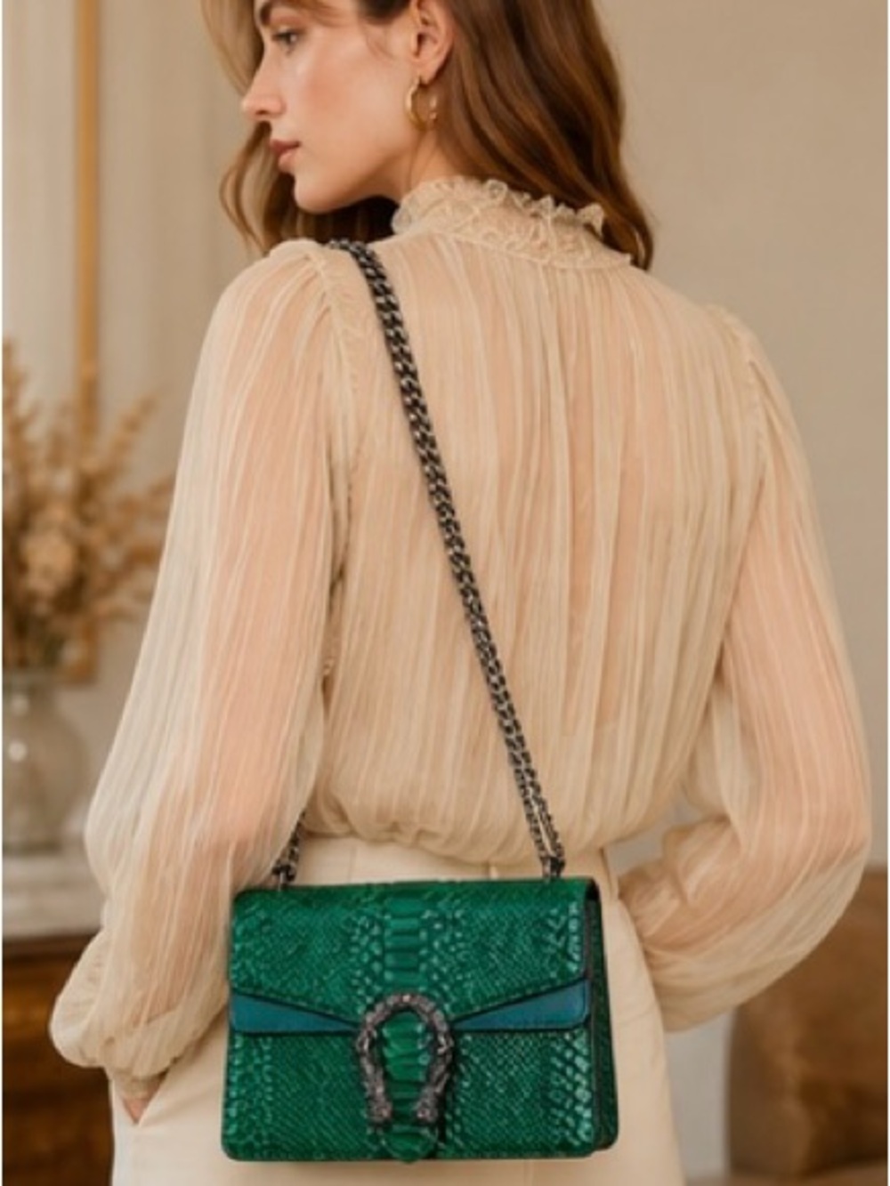 Emerald Green Snake Embossed Shoulder Bag | Chain Strap Designer Inspired Handba - Picture 7 of 8